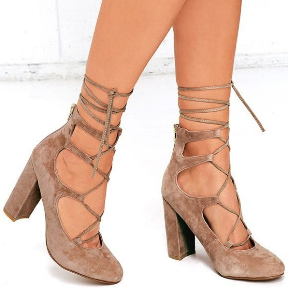 Steve Madden Voxx Beige Suede Leather Lace-up Ankle Tie Block Heel Shoes Size 10